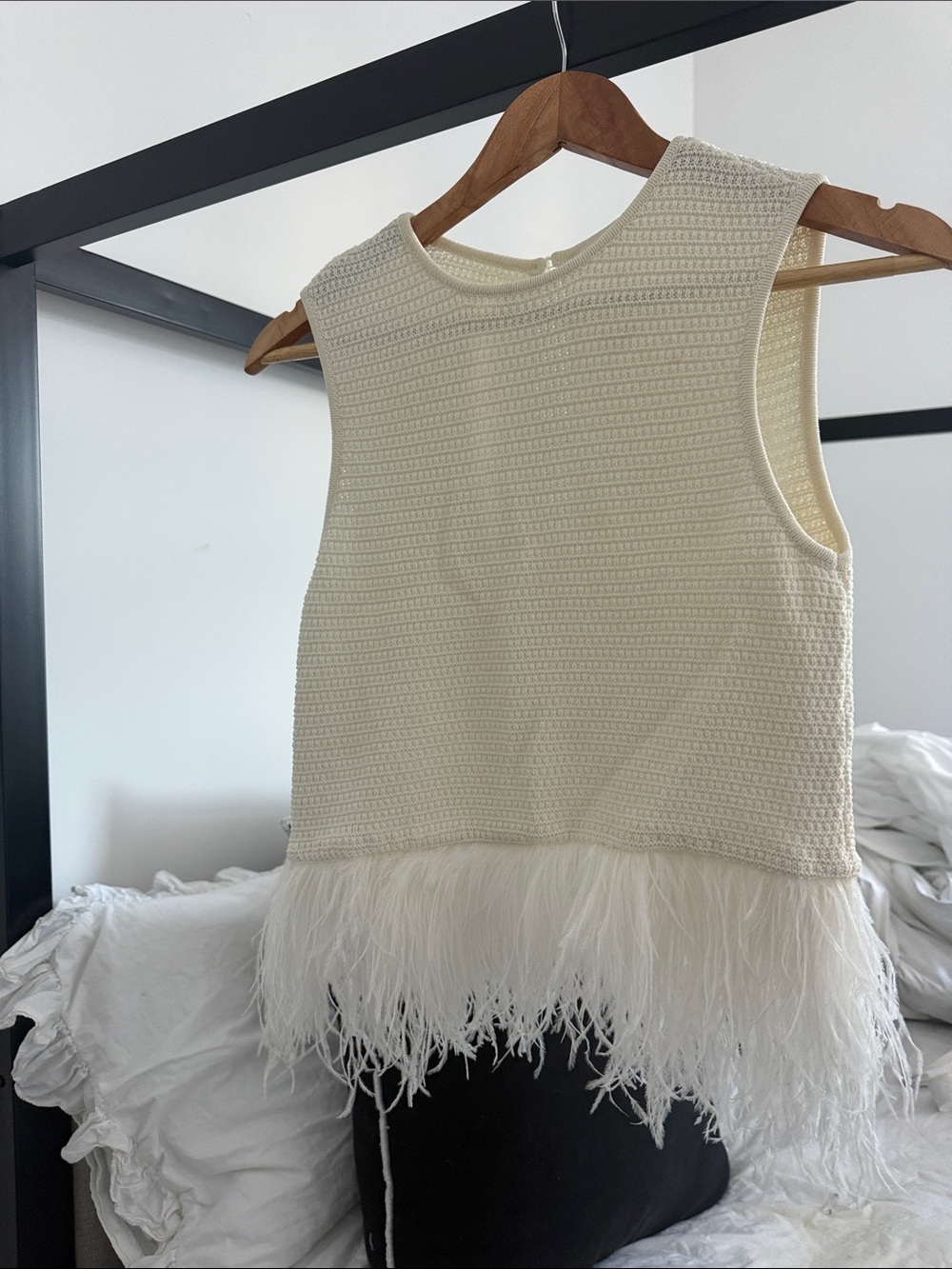 Frame Denim Ivory Knit Tank with Feather Hem